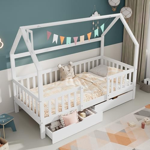 YESGIGA Kinderbett Hausbett mit Schornstein,Robuste Lattenroste,Kiefernholz Haus Bett for Kids, 90 x 200 cm ohne Matratze (Weiß mit schubladen)
