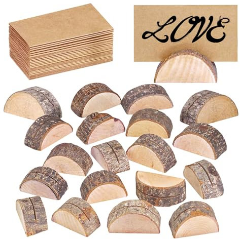 Ksvaye 20 Stück Tischkartenhalter Kartenhalter Holz Halbrunde Menükartenhalter Fotohalter Holz mit 20Stk Kraftpapier Karte für Restaurants Hochzeiten Bankette Party Deko
