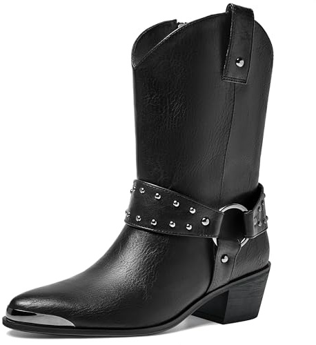ErikenUrben Women Harness Cowboy Boots Metal Toe Block Heel Western Cowgirl Booties Studded Biker Boots Zip Black Size 42