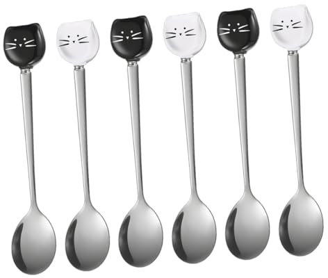 Alipis 6 Pièces Cuillères à Café Céramique Inoxydable Motif de Chat de Cuillères à Dessert pour Mélanger Café Sucre Douceurs