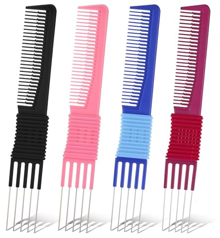 XLIUAX 4 Pcs Teasing Comb, Comb with Metal Pick Combs for Women Hairs Picks for Women Hair Picks for Curly Hair with Colorful Handles Metal Pick Lifting Fluffing Combs for Salon Home Travel Prong