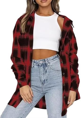 LACOZY Chemise à carreaux en flanelle à manches longues pour femme | Chemises surdimensionnées pour femme, chemises à carreaux pour femme, chemisiers boutonnés, haut surdimensionné en flanelle à