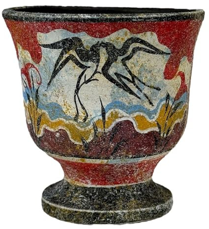 Pythagora's Cup Cerámica Cerámica – Taza decorativa griega hecha a mano y pintada a mano con pájaros minoicos Fresco – 11 cm