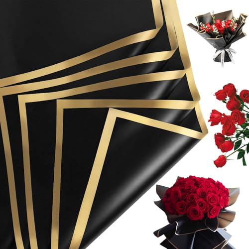 20 ark blombukett presentpapper, 58 x 58 cm vattentät blombukett papper, wrapping papper för presentförpackning konst hantverk blommor bröllop examen förpackning (svart)