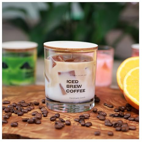 Duft Kerze mit Kaffee Duft - Iced Brew Coffee - Duftkerze im Glas mit Holzdeckel zum Docht löschen (Kaffee)