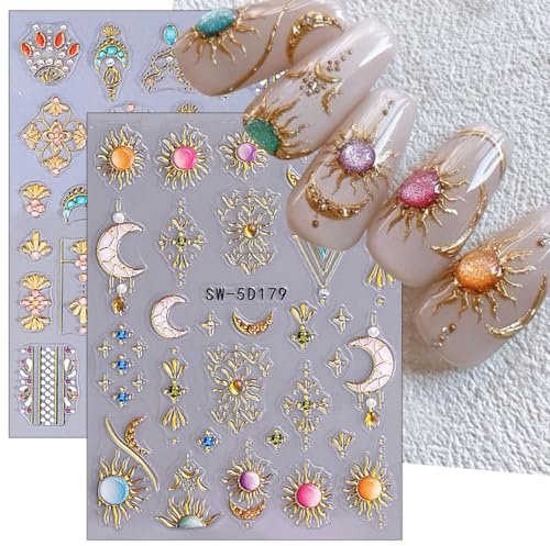 Lilbitty 2 Stück 5D Boho Gold Nagelsticker, Mond, Sonne, Sternen & Edelstein Nagelkunst, Für Sommer Nagel Deko, Glitzernde Nagelaufkleber für DIY Maniküre