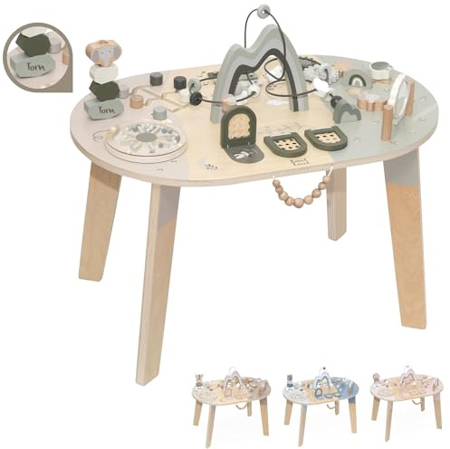 Spieltisch ab 1 Jahr aus Holz personalisiert – 2in1 Motorikspielzeug & Motorikwürfel – Montessori Lernspielzeug Baby – Steckspiel & Aktivitätstisch – Holzspielzeug ab 12 Monate Junge & Mädchen Olive