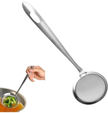 1 PC Stainless Steel Fat Skimmer Spoon, Fine Mesh Strainer Filter Spoon Food Strainer and Hot Pot Skimmer with Long Handle for Skimming Grease and Foam