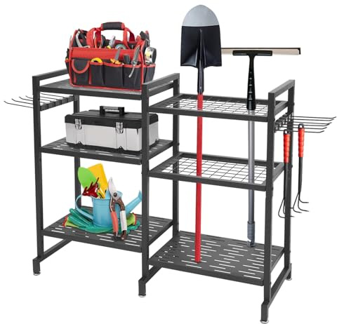QUIOTUIR Support Range Outils de Jardin avec 12 Crochets Amovibles et Patins Réglables Autoportant Rangement Outils 86x30x76.5cm Ranger Outils de Jardinage, Ustensiles de Cuisine