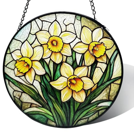 Buntglasfenster-Hängedekoration, 6.3Zoll Narzissenblume aus Buntglas Sonnenfänger, Diamant-Glasplatte Pflanzen-Sonnenfänger für Fenstern in Haus, Garten und Balkon Dekoration