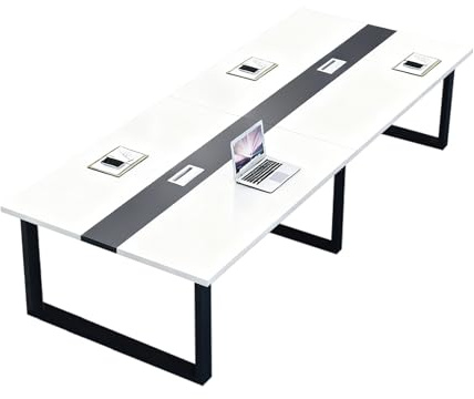 Ampio tavolo da conferenza con gestione dei cavi, tavolo da riunione rettangolare per ufficio con piano in legno e struttura in metallo, perfetto per sale riunioni, seminari e spazi di formazione