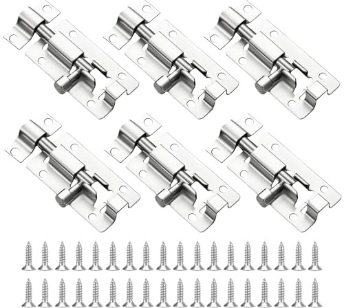 6 Pcs Door Bolt Locks with Screws, 2 Inch (50mm) Silver Small Slide Latch Door Bolt Lock Suitable for Bedroom Bathroom Cupboard Shed Garden