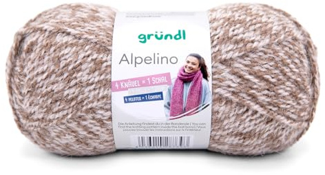 Gründl Wolle Alpelino - Dicke Wolle mit Alpaka zum Stricken und Häkeln - Strickgarn - Weich und hautfreundlich - 80% Polyacryl, 20% Alpaka - 1 Knäuel 100 g / 200 m - Nadelstärke 6-7 - haselnuss