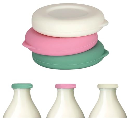 3 Pcs One Pint Milk Bottle Lids, Reusable Silicone Caps, Leak Proof, Microwave & Fridge Safe, Easy Grip for UK Glass Milk Juice & Yogurt Bottles