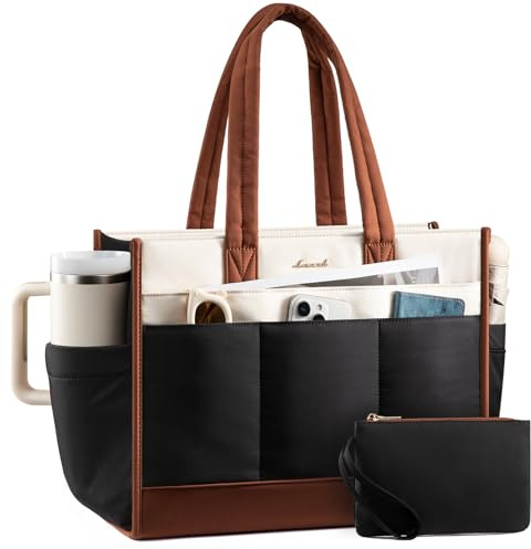 LOVEVOOK Tote Bag for Women, Puffer Laptop Handbag Work Purse 15.6 Inch for Teacher Nurse, Large Quilted Travel Tote Shoulder Bag with Zipper for College Office Clinical Gym, Cream-Black-Brown