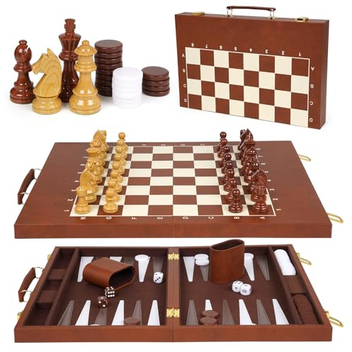 3-in-1 Chess Checkers Backgammon Set – 15 Folding Leather Chess Board with Handle, Acrylic Chess Pieces & Checkers, Travel Board Game Set with Storage & 2 Extra Queens