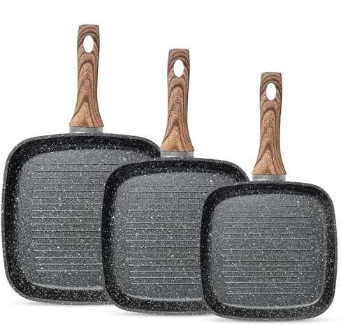 NEWBULIG Nonstick Grill Pan Set – 3 Pieces Square Griddle Pans with Wooden Handle, Compatible with All Stovetops, Perfect for Steak, BBQ, Vegetables (9.5, 10.2, 11) Black