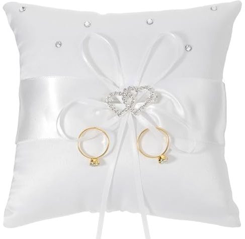 HJZHII Wedding Ring Pillow, 5.7x5.5 Inch Rhinestones Bow Ring Pillow Holder Lace Rings Bearer Pillows Cushion for Ceremony Party Anniversary