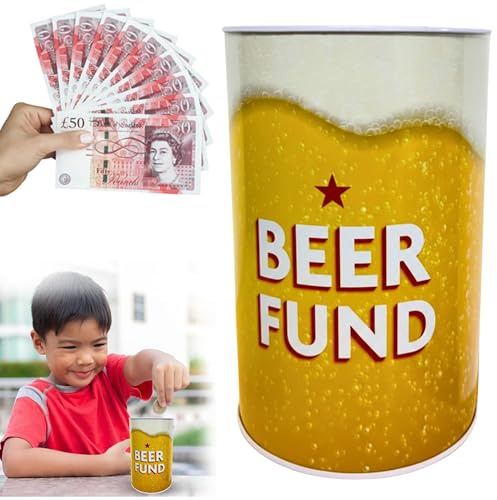 Sterling Money Box Tin with Beer Fund Design, Piggy Bank for Adults & Elders, Cash Tin and Savings Tin to Save Birthday Money, Summer, Holiday and Christmas Fund 15cm