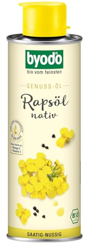 Kaltgepresstes Bio Rapsöl von Byodo - 250 ml Dose, Nussiger Geschmack, 100% reines Bio-Öl, Reich an ungesättigten Fettsäuren, Vegan, Vielseitig einsetzbar