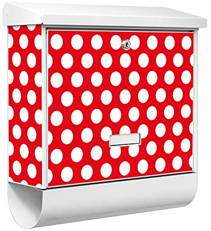banjado® Burgwächter Briefkasten Weiß 38x39x12cm mit Motiv Punkte Rot/Briefkasten mit Zeitungsfach/Briefkasten mit Zeitungsrolle/Postkasten inkl. Montagematerial & 2 Schlüsseln
