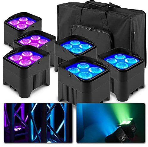 BeamZ BBP94W Uplight LED Par Strahler 6er Set mit Tasche | 4x12W, bis 9h Akku, DMX-WLAN, Musikgesteuert, Fernbedienung, Akkubetrieben, Lichteffekte, Lichttechnik, Led-Strahler, Zubehör
