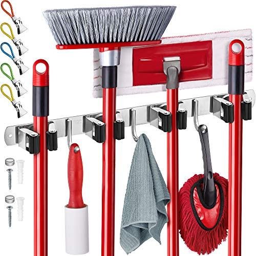EFFEKTIVTOOLS Wall Mount Hanger for Brooms & Mops - Adhesive Stainless Steel Mops & Broom Holder, 4 Clamps, 3 Hooks, & 5 Towel Hanger Clips Including Mounting Hardware for Utility Room Organization