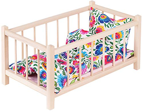 Puppenbett Naturholz Spielzeug Holzspielzeug mit Textilausrüstung Bettwäsche Matratze Kopfkissen Bettdecke Bett für Puppen