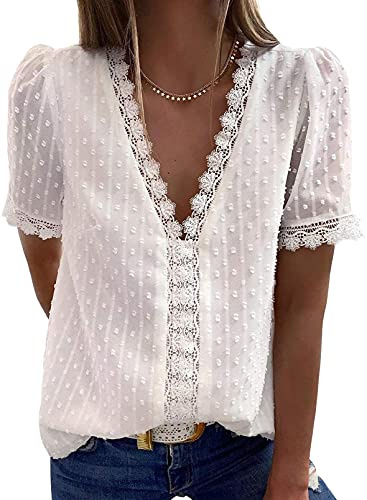 Dokotoo Mujer Camiseta de Encaje Elegante Verano Blanco Camisa de Manga Corta con Cuello V Casual Blusa Túnica Tops Medium