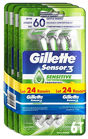 Gillette Sensor3 Sensitive Rasoirs Jetables Homme Bande Lubrastrip Comfortgel, Lot de 24 (4 x 6) Peaux Sensibles, Jusqu’à 10 Rasages Confortables Par Rasoir [OFFICIEL]