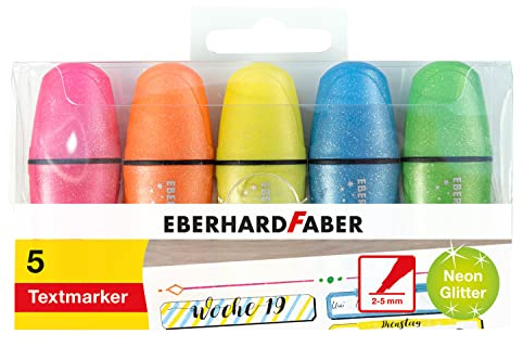 Eberhard Faber 551408 - Mini Textmarker Set, Neon Glitzer, 5 Marker Stifte mit Keilspitze | Marker Stifte mit Keilspitze in leuchtenden Farben