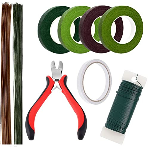 Kuou 9 Pcs Floral Arrangement Tools Kit with Multicolored Floral Tapes, Cutter, 26 Gauge Stem Wire, 22 Gauge Green Paddle Wire for Bouquet Stem Wrap