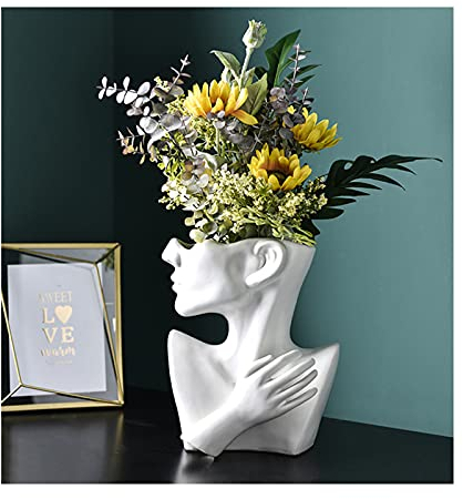 AJEYPMZ Skulptur Keramik kopfförmig getrockneten Blumentopf, Gartenhaus Dekoration Vase, mit rutschfesten Aufkleber auf der Unterseite,White,21 * 25cm