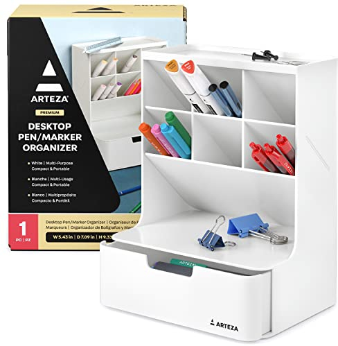 ARTEZA Desktop Pen and Marker Organizer, 6-Compartment White Pen Holder for Desk with Stationery Drawer, Makeup Organizer