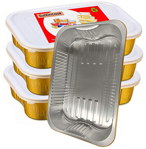 SuiXinCook Gold Aluminum Foil Baking Pans with lids Heavy-Duty 9×13(10pack+10Lids), Disposable Food containers reusable F330(3500ML)