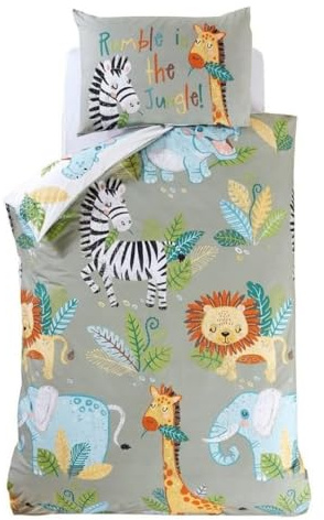 Rapport Home - Toddler Duvet Cover & Pillowcase Set - Kids Reversible Bedding - Rumble in the Jungle Green Animal Print 120x150cm