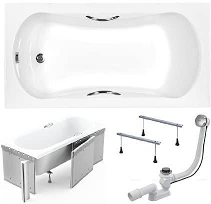 BADLAND Badewanne Original Weiß Acryl Wanne Rechteck ARIA PLUS 130x70 KOMPLETTSET SET mit Premium Styroporverkleidung + Füßen und Exklusive Chrom Automatik Ablaufgarnitur Made in EU 4in1