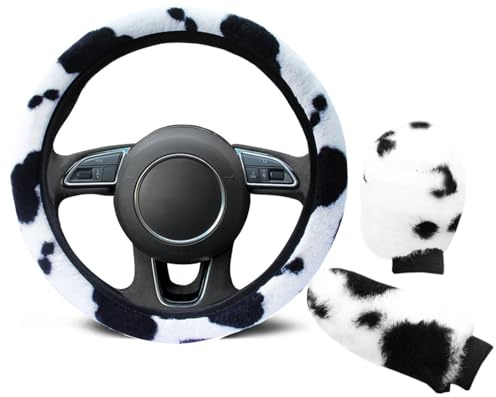 Cysocool 3Pcs Universal Plüsch Auto Lenkradhülle Handbremse Gangschaltung Lenkrad Abdeckung Lenkradbezug Winter Warme Lenkradabdeckung Weich Wolle Lenkradschutz Zubehör für 37–39 cm