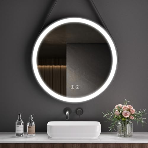 S'AFIELINA Badspiegel mit Beleuchtung Rund 60 cm Diameter, Badezimmerspiegel mit Beleuchtung Schwarzer Rahmen, 18 W Badspiegel mit Touch+ Dimmbar+ 3 Lichtfarbe+ Speicherfunktion HD Sicherheitsgla IP44
