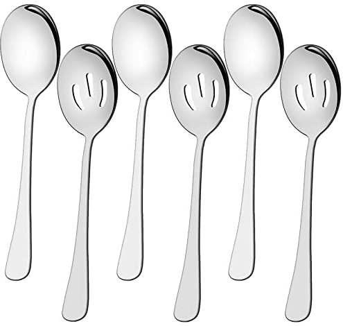 6 Pieces Silver Serving Spoons Set 8.7 Inch, Includes 3 Serving Spoon and 3 Slotted Spoon, Stainless Steel Buffet Banquet Spoons Large