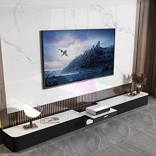 POVISON TV Schrank modern Fernsehtisch 260cm für Projektor, TV-Möbel aus gesinterter Stein mit Schubladen für Heimkino, MDF in Eichenfurnier, schwarz und weiß