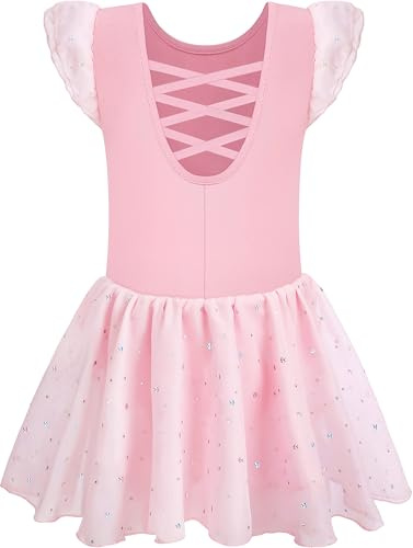 Mulnall Mädchen Tanz Trikots für Ballett Kleid Kinder Ballettkleidung Tanzbody mit Rock Tütü Glänzender Rock Rüschen Ärmel Crisscross Zurück(UK4043-08-L)