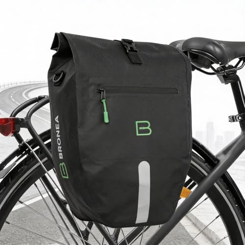 Bronea Gepäckträgertasche für Fahrrad SCHWARZ - Groß 28 Liter - abnehmbare Fahrradtasche für Gepäckträger hinten - Wasserdicht & Reflektierend - Click System Befestigung - Inklusive Laptop-Fach