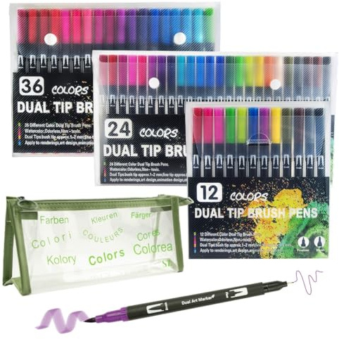 Material Escolar. Set Marcadores + Estuche Escolar. Rotuladores Acrilicos Doble Punta (Fina y Pincel) + Estuche Original y Resistente. Perfectos para Colegio, Manualidades y Escritura Creativa. (12)