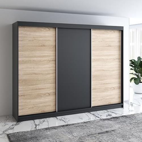 A&J MöbelLand Mero Schwebetürenschrank 200 cm, Kleiderschrank 3-türig mit 4 Schubladen (Schwarz/Sonoma)