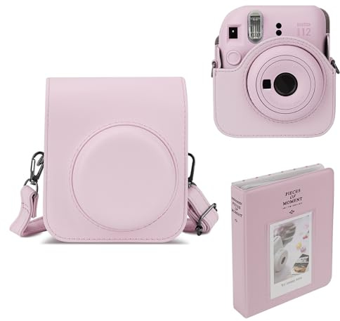 Mumlicha Étui de Protection en Cuir Synthétique pour Appareil Photo Instantané Fujifilm Instax Mini 12 - Album 64 Poches avec Bandoulière Réglable, Rose