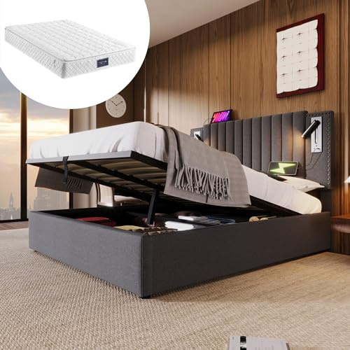 Polsterbett 140x200cm, Boxspringbett mit hydraulisches Bettkasten, Bett mit Lattenrost, Leselicht mit USB Ladefunktion Kopfteil, Stauraumbett Doppelbett Jugendbett (Grau, 140x200cm, mit Matratze)