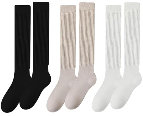 SEFIRST 3 Paires Chaussettes Hautes Montantes Femme Filles, Chaussettes Décontractées Extra Longues, Chaussettes Souples, Chaussettes Empilées Montantes Tricotées Chaussettes de Bottes,Noir Blanc Kaki