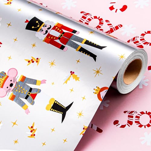 Wikadlik Silbernes Weihnachts-Geschenkpapier, 43 cm x 10 m, Nussknacker, Prinzessin, Maus, König, Geschenkpapier für Feiertage, Party, Feier