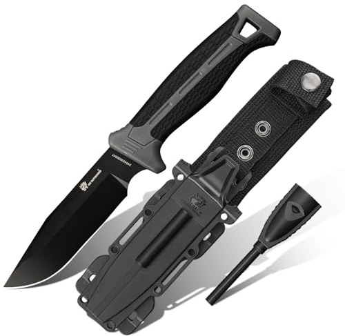 HX OUTDOORS Extra scharfes Bushcraft-Messer mit Feueranzünder, Premium D2 Stahl Festklingen Überlebens Camping Messer mit Kunststoff Scheide für Outdoor, Wandern, Trekking (Schwarz)